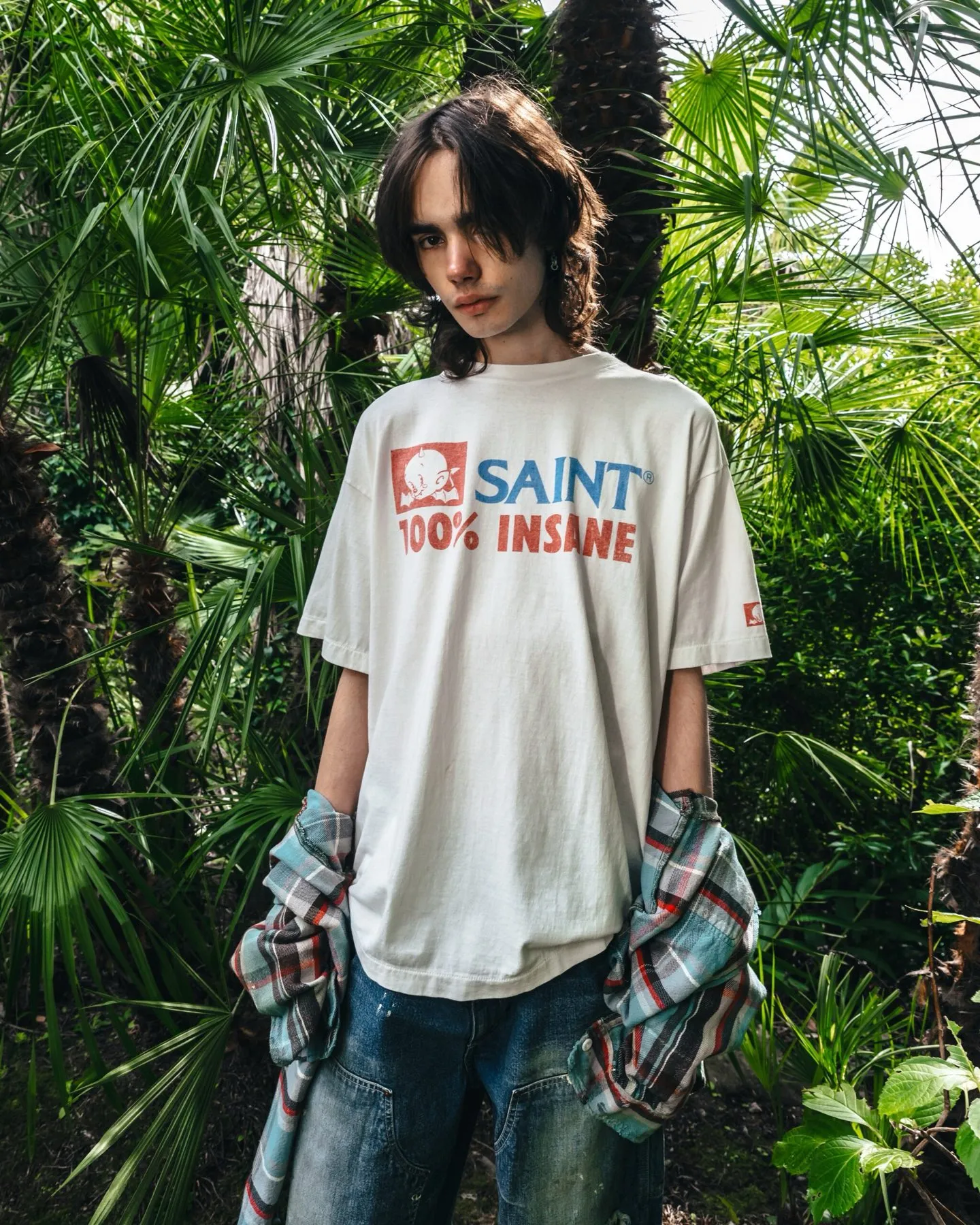SAINT Mxxxxxx INSANE SS TEE/WHT Little Devil Angel TEE 100% INSANE slogan printed short sleeves off-white S-XL tube-woven fabric without side seams OE yarn original same weight correct version original main mark/wash mark/little angel security code original development no touch printing